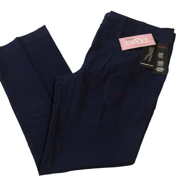 NWT Rekucci Curvy Woman Plus Sz Straight Cut Pant w/Tummy Control Panel Navy Sz - Picture 1 of 6